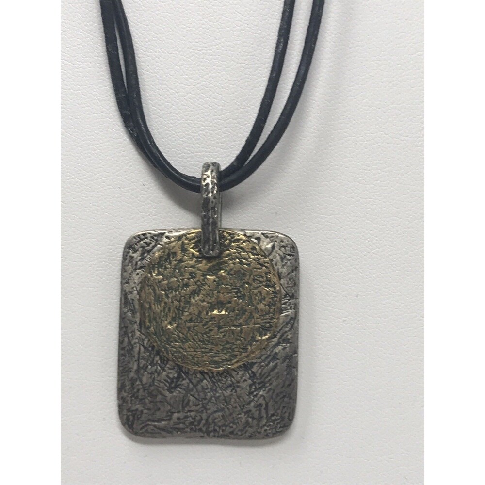 CHICO'S Necklace Pendant Etched Bronze Tone Circle Silver Tone Rectangle